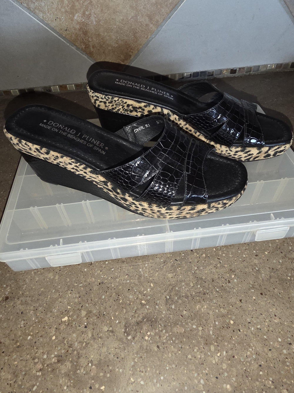 Donald J. Pliner Black Wedge Mules with Leopard-Print Platform